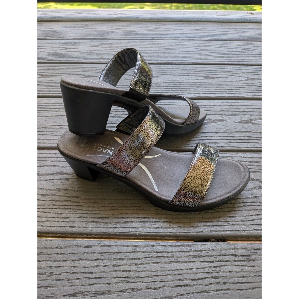 Naot Fate Heel Sandal Womens 8 EU 39 Silver Pewter Pebble Leather Slip On Shoes